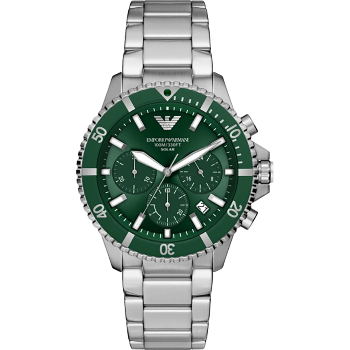 Emporio Armani World Explorer AR11741 front view showing green dial chronograph with steel bracelet and dive bezel