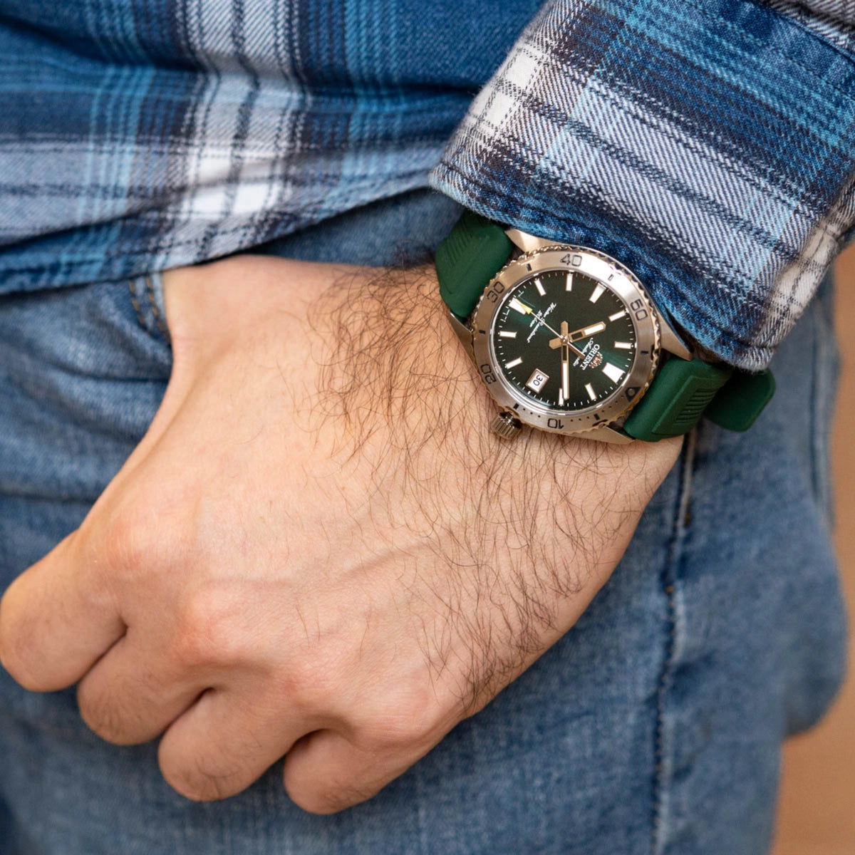 Orient Mako green dial 40mm rubber strap automatic watch on wrist