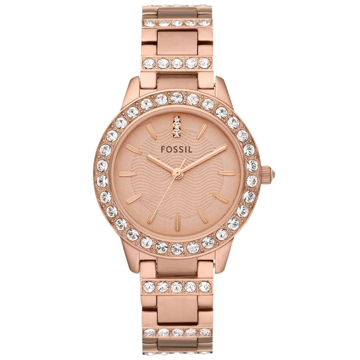 Front view of the Fossil Jesse ES3020 watch featuring a rose gold dial, crystal-adorned bezel and bracelet accents, baton hour markers, and matching rose gold-tone link bracelet