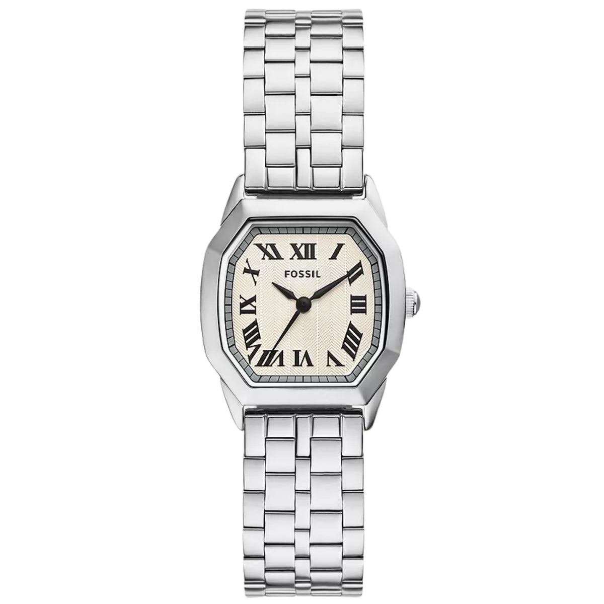 Fossil ladies quartz watch with cream dial, Roman numerals, stainless steel bracelet