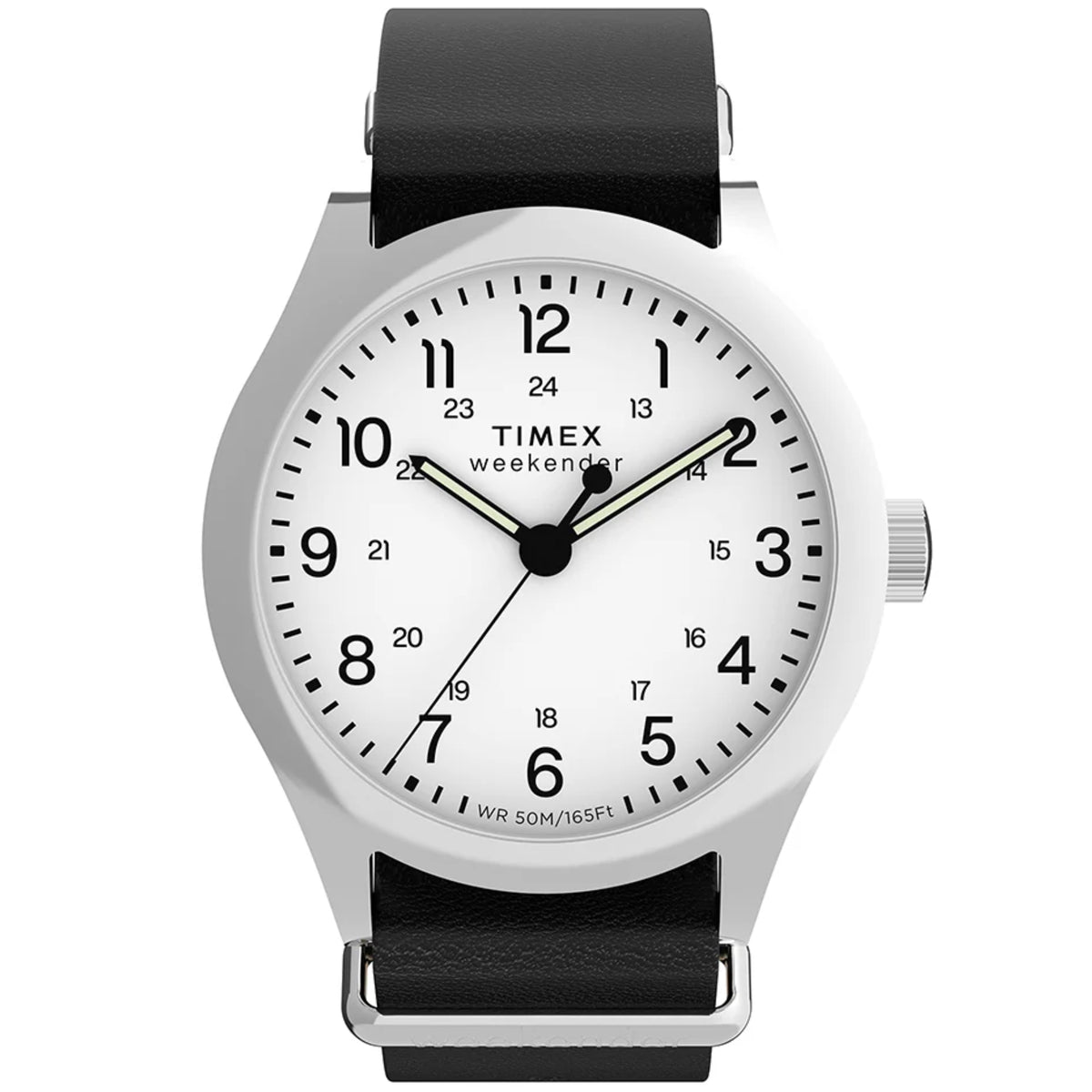 Men's quartz analog watch showing white dial and black leather strap, silver-tone case