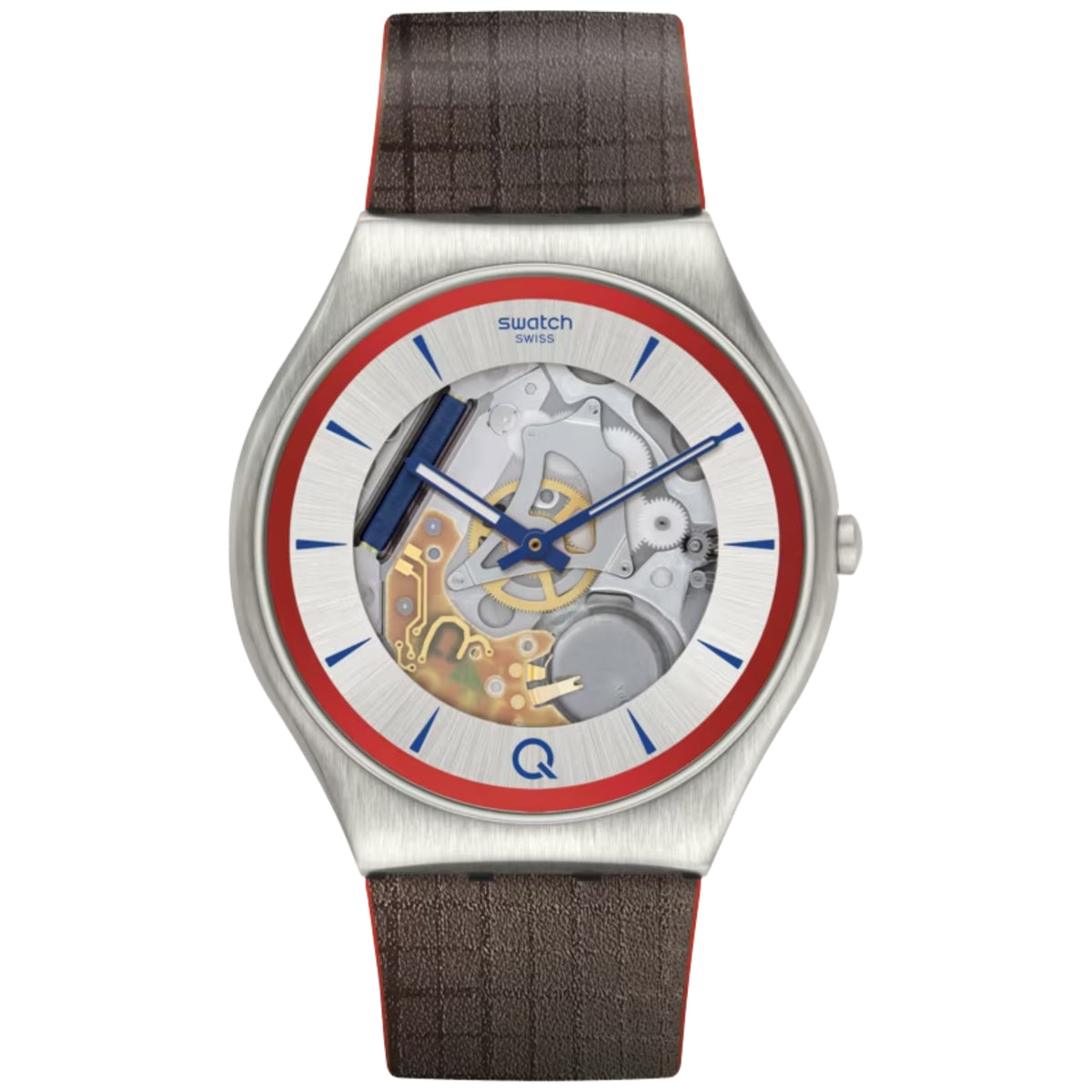 Stainless steel skeleton wristwatch, grey dial with dark leather strap