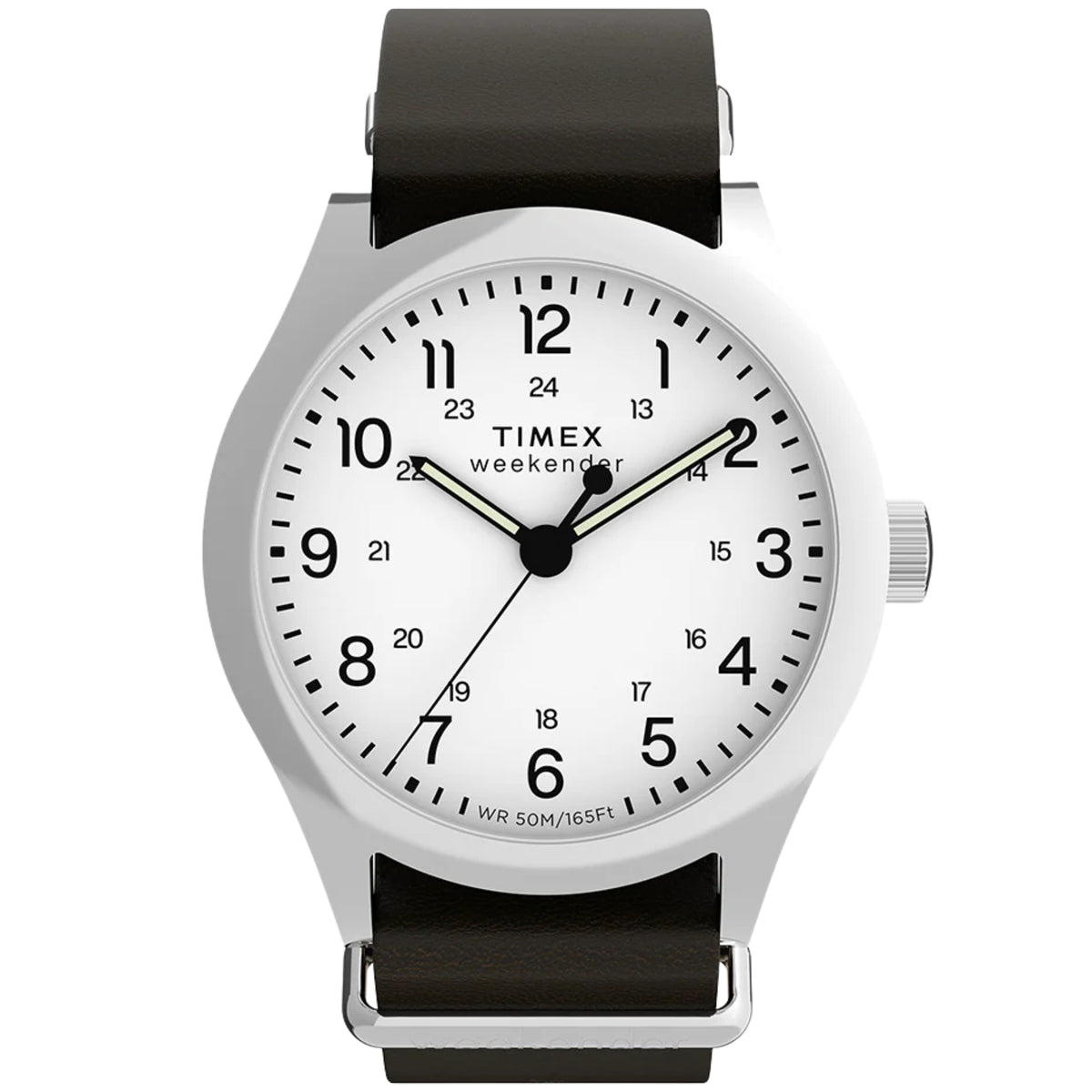Round quartz wristwatch with white dial, silver case, and black leather strap