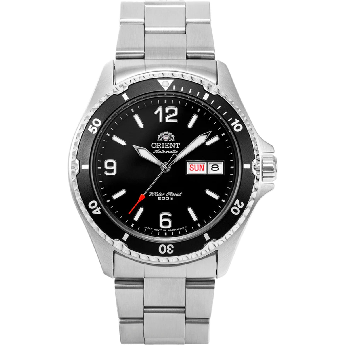 Orient automatic diver watch with black dial, silver case, day-date window, steel bracelet