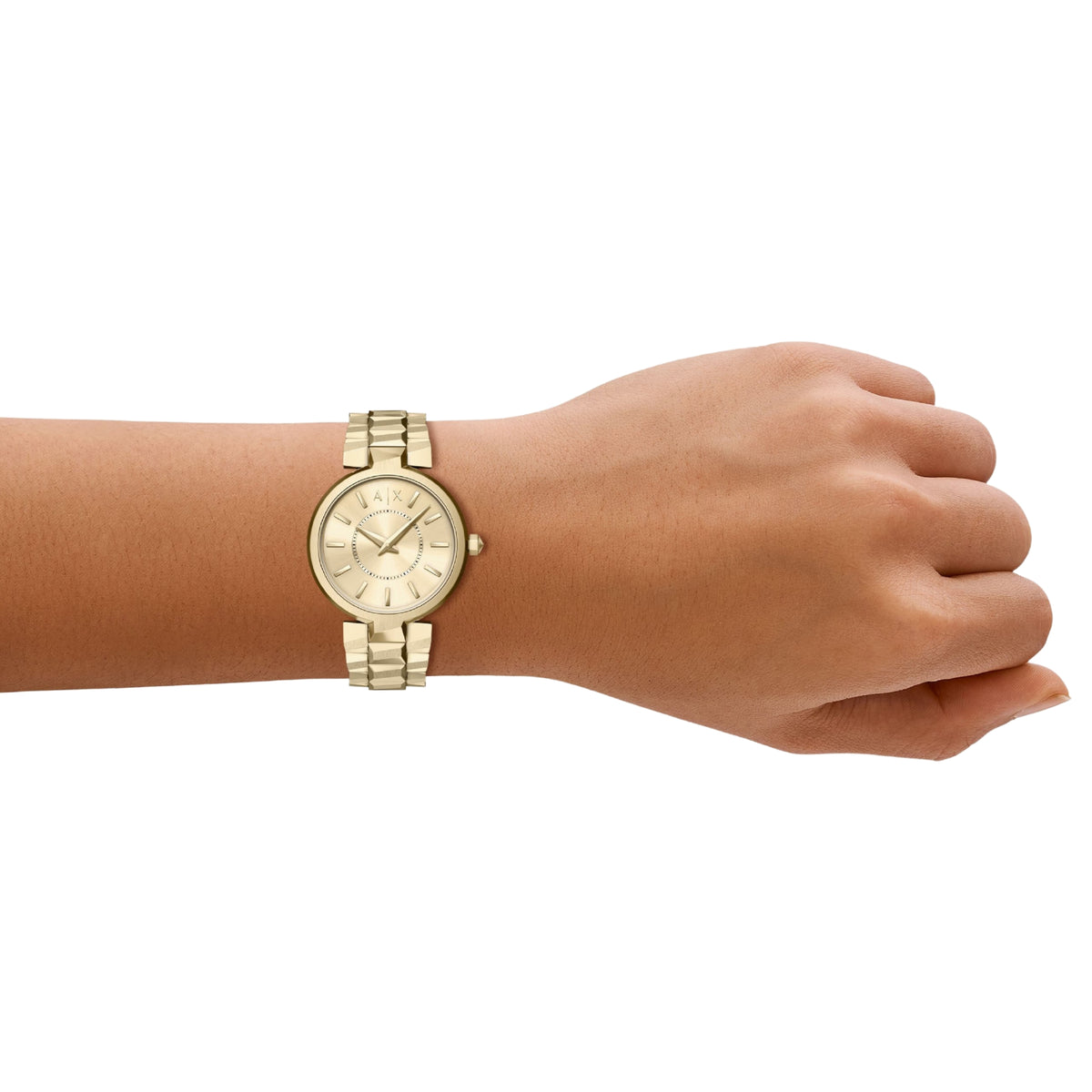 Armani Exchange Audora AX4407 gold dial steel quartz watch on a persons wrist lifestyle view