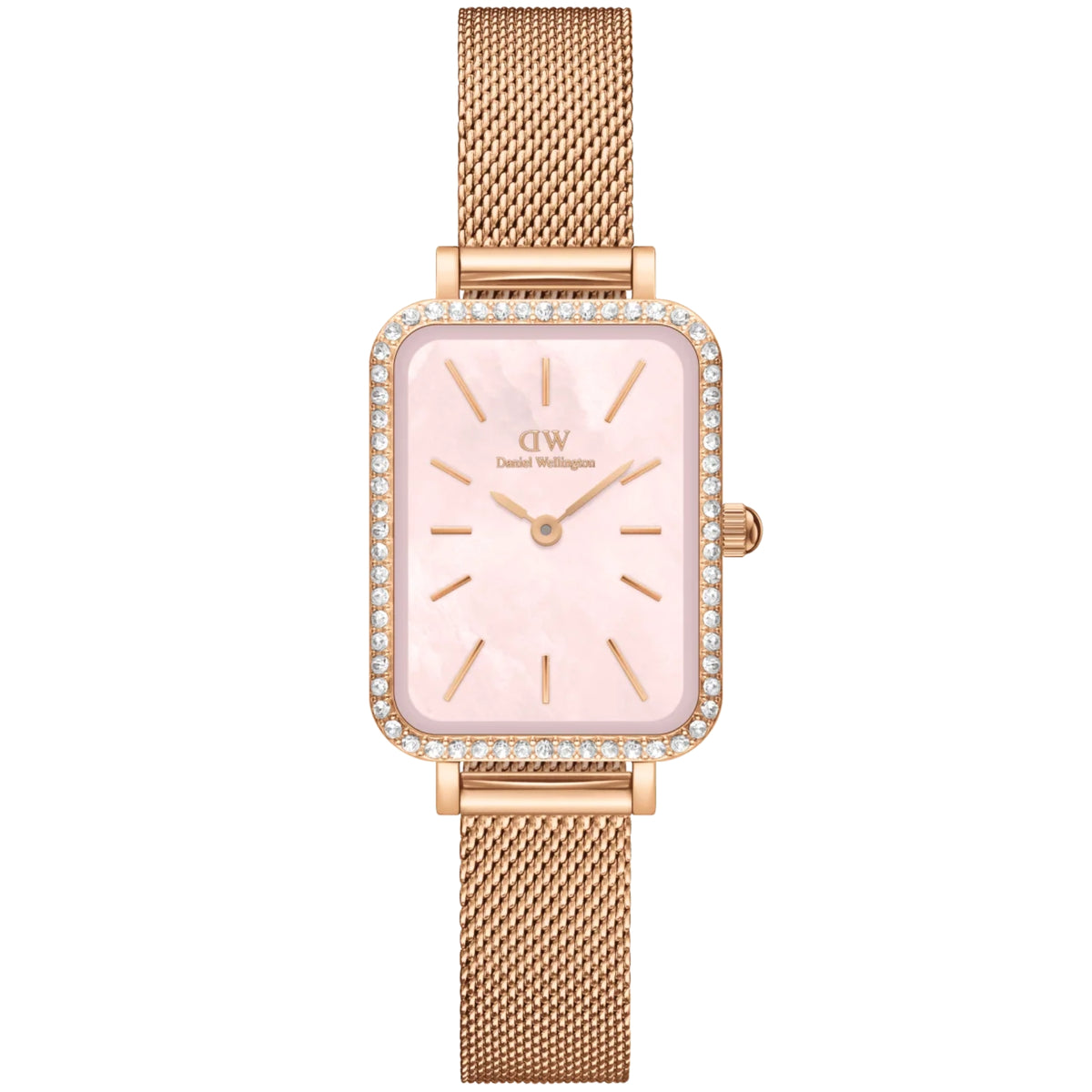 Daniel Wellington ladies quartz wristwatch, pink mother-of-pearl dial, rose-gold mesh strap