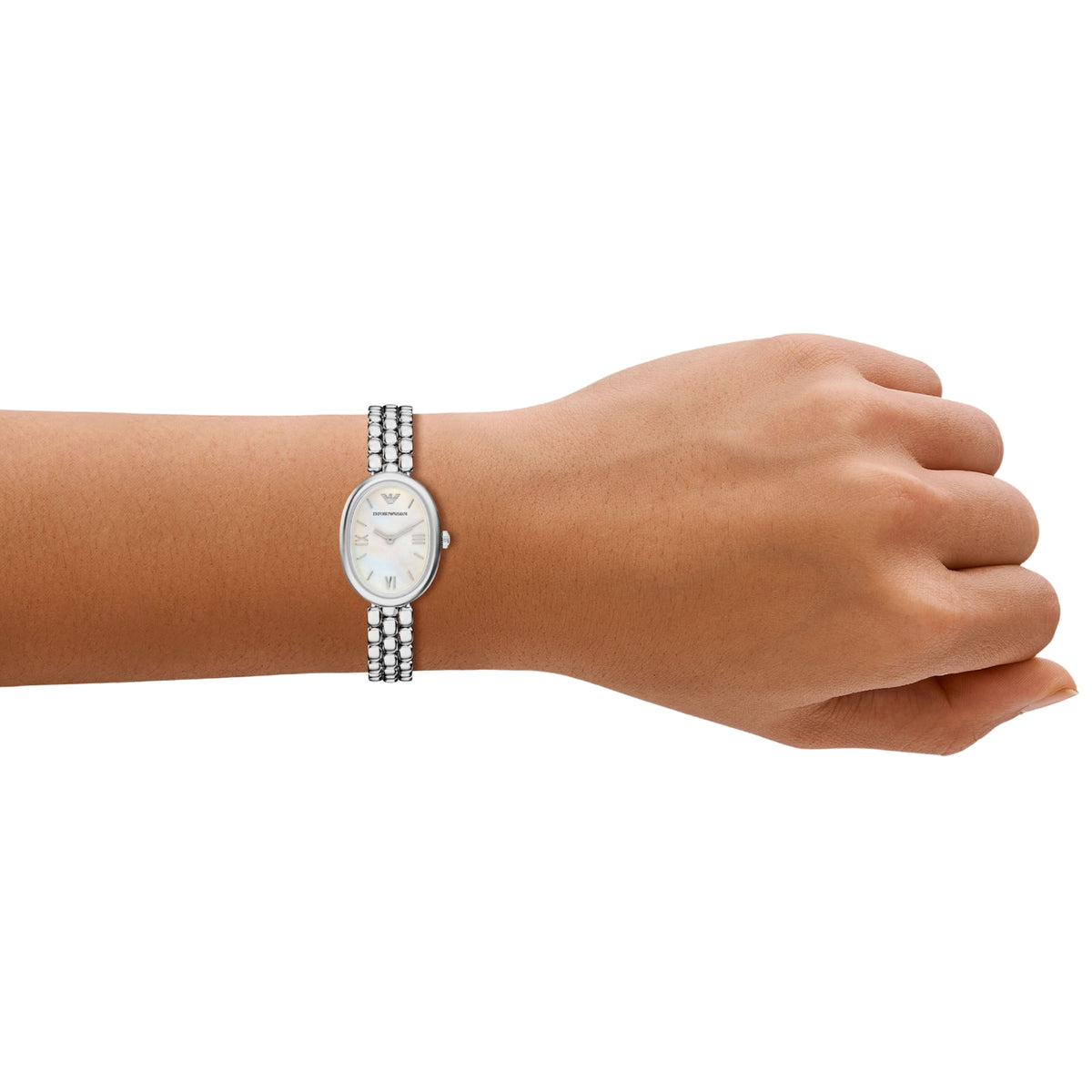 Emporio Armani Sinfonia AR11776 on-wrist view showcasing the fit of the 28mm oval case and slim steel bracelet