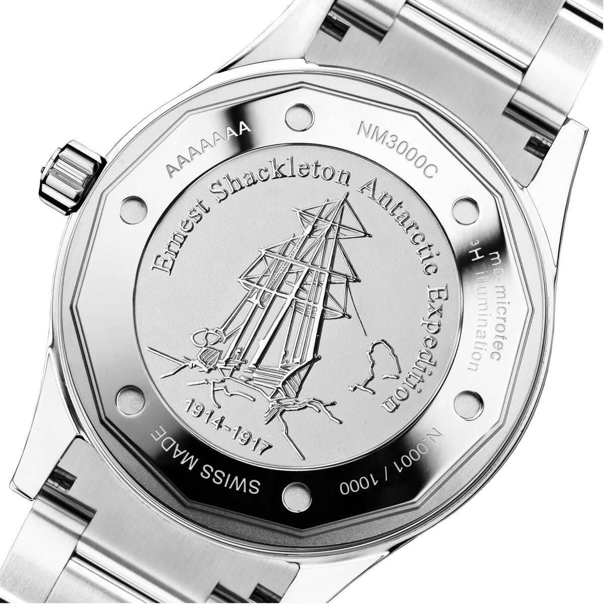 Men's stainless steel watch caseback with engraved astronaut design and serial markings