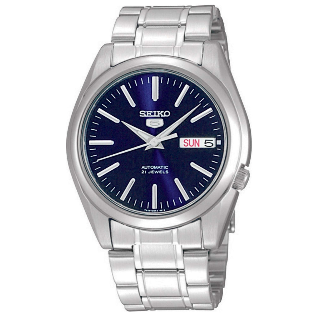 Seiko 5 Automatic blue dial steel bracelet men's watch SNKL43K1 front view