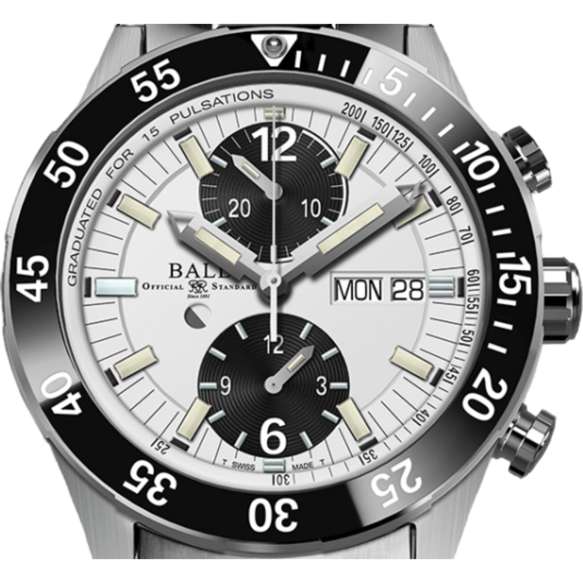 Steel chronograph watch with black dial, luminous markers, and date display