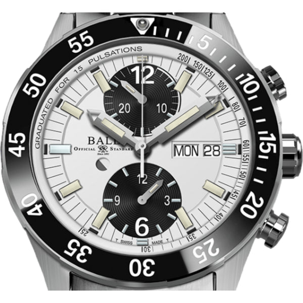 Steel chronograph watch with black dial, luminous markers, and date display
