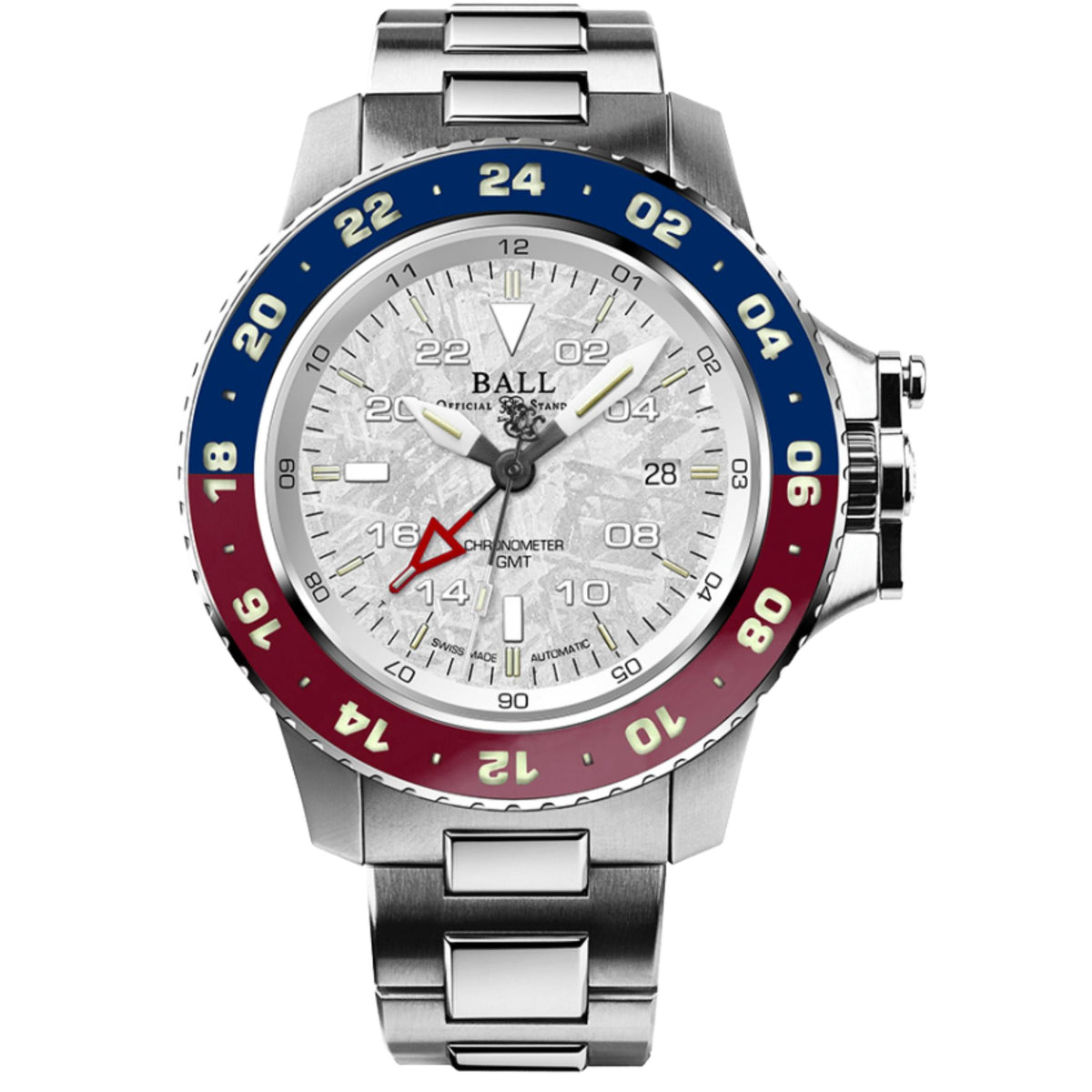 BALL Engineer Hydrocarbon AeroGMT II DG2018C-S20C-MSL meteorite dial mens watch with blue red GMT bezel and stainless steel bracelet front view