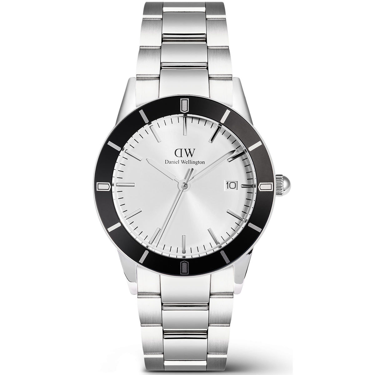 Men's steel quartz watch with white dial, black bezel, and metal link bracelet