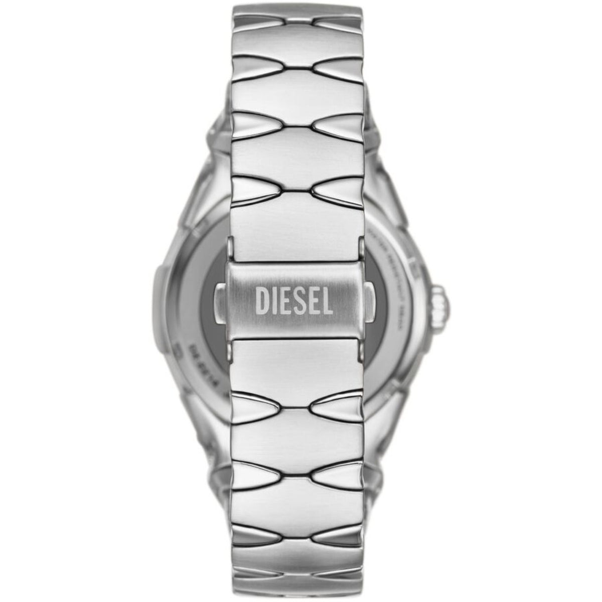 Stainless steel men's quartz watch with textured bracelet and patterned dial