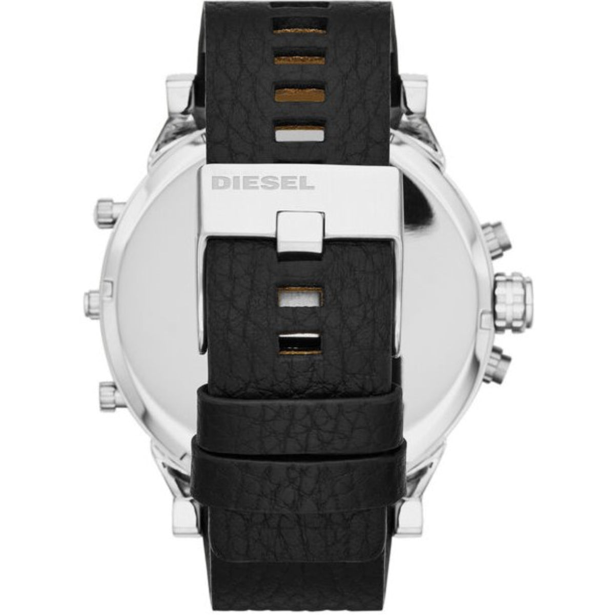 Diesel watch back view with black leather strap and silver case, buckle and clasp