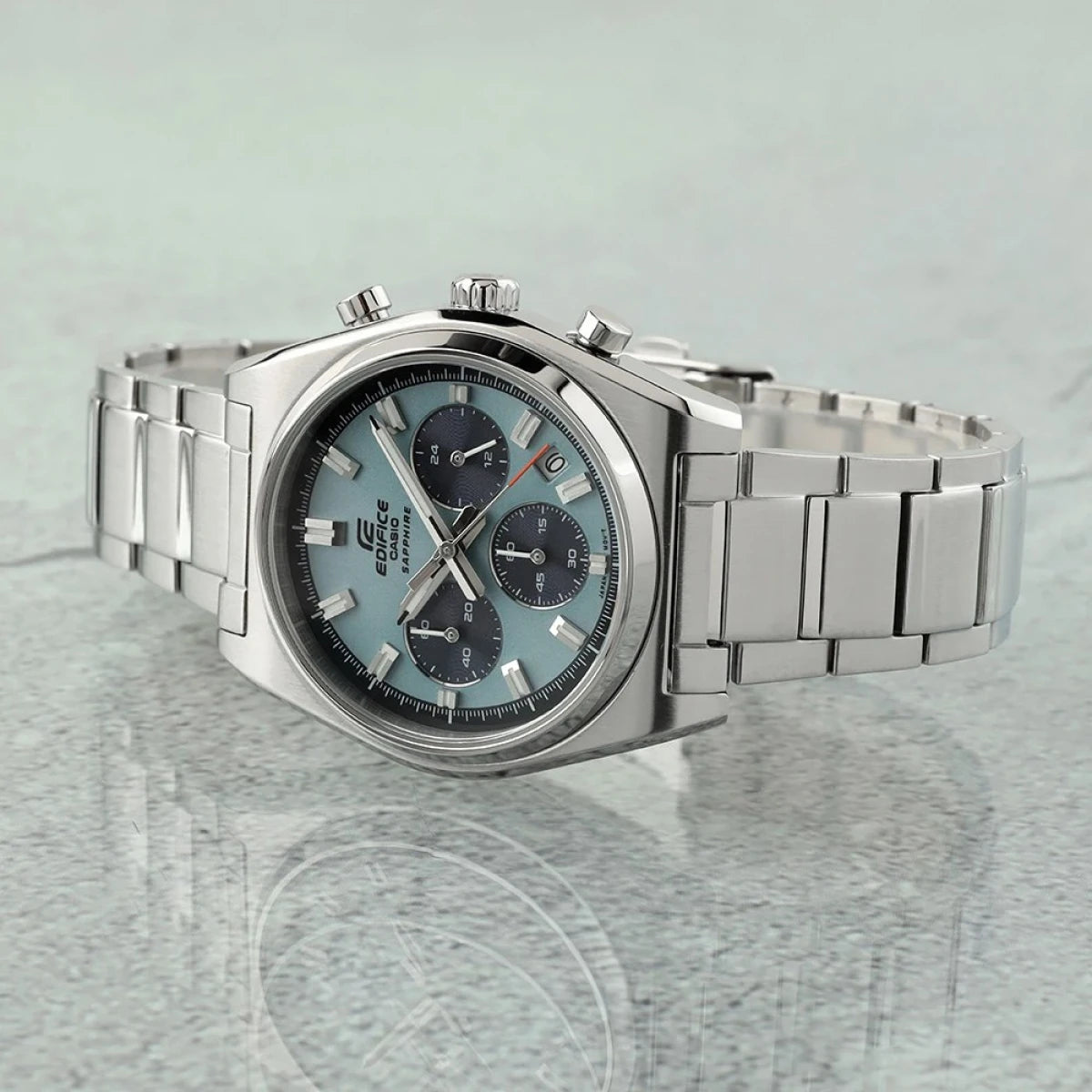 Casio Edifice Classic mens steel chronograph watch with blue dial and stainless steel linked bracelet