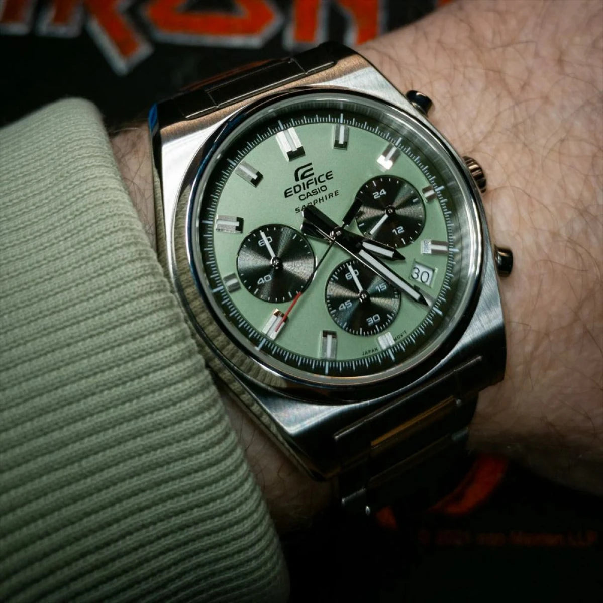 Casio Edifice EFB-730D-3AVUEF green dial and chronograph subdials close up on wrist