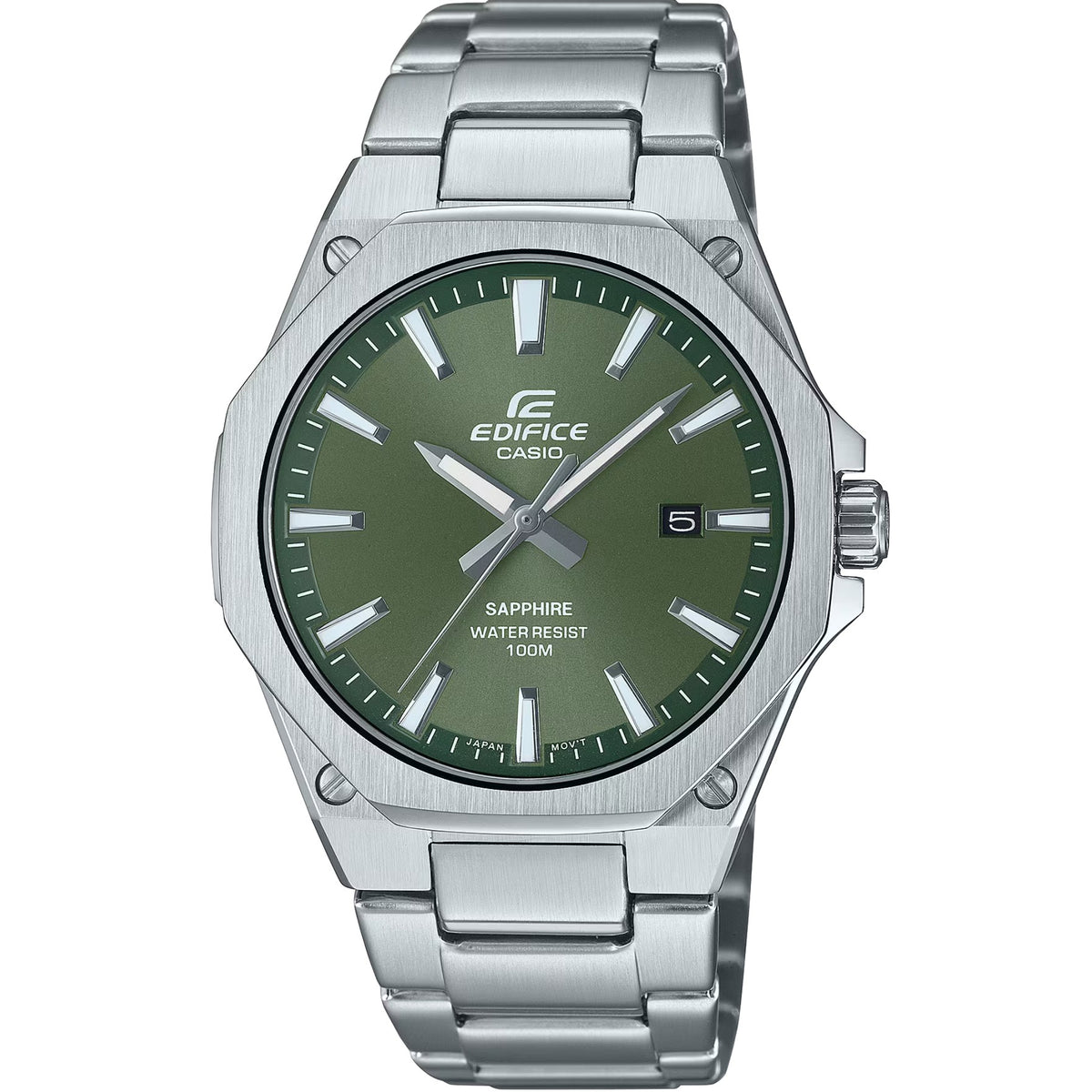 Front face view of the Casio Edifice EFR-S108D-3AVUEF men's watch showing its green dial and stainless steel bracelet