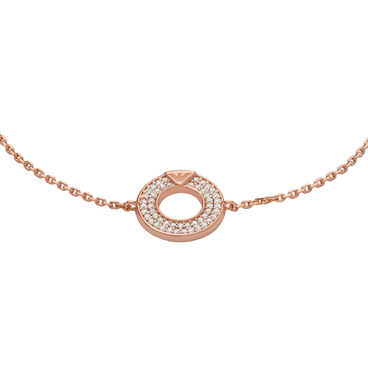 Rose gold-tone bracelet featuring oval ring centerpiece with clear stones and geometric center motif
