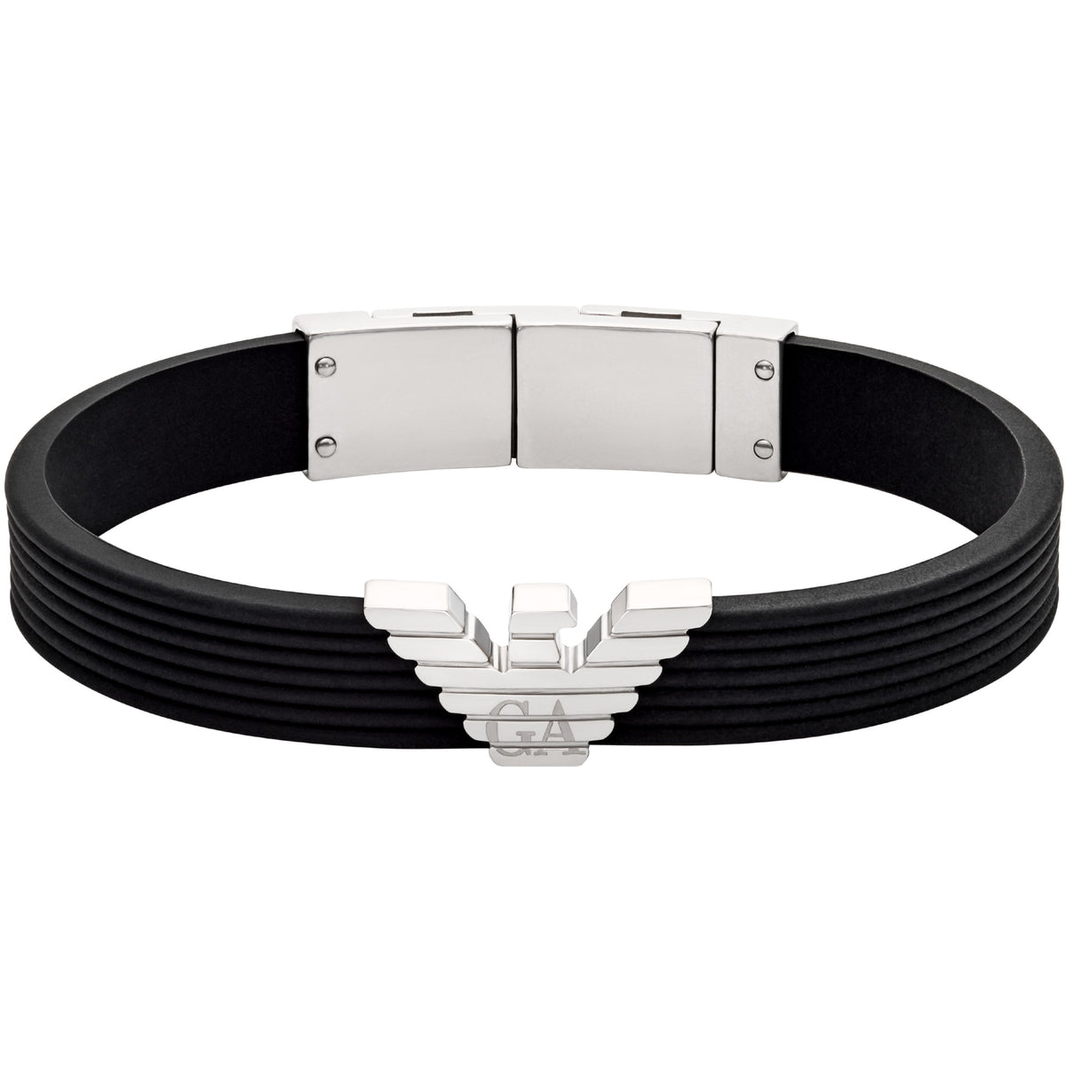 Black silicone ID bracelet with silver-tone rectangular clasp and winged emblem detail