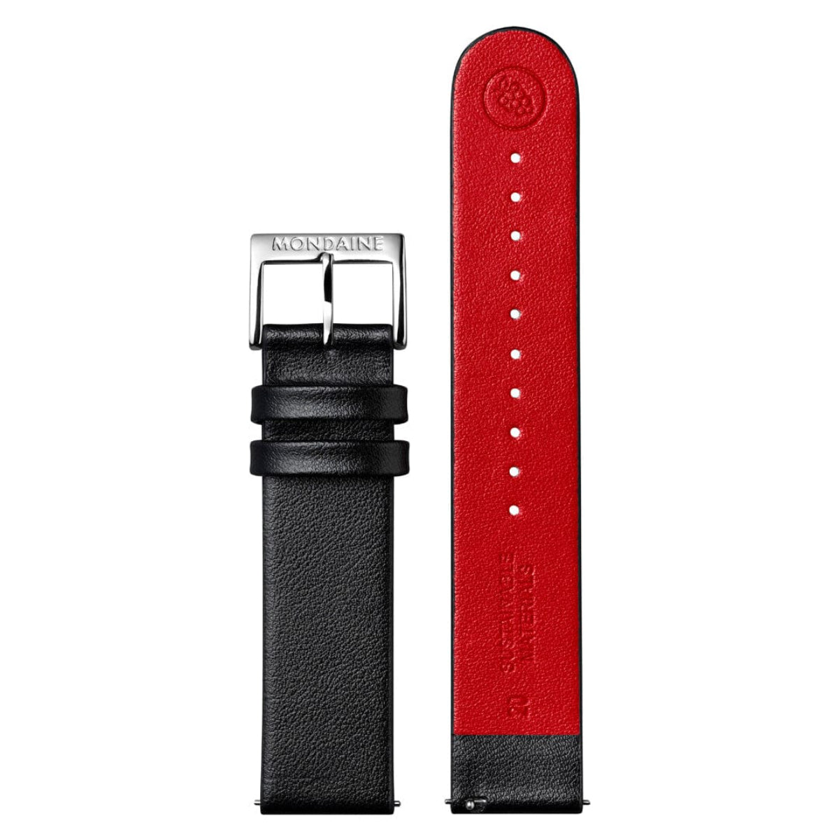 Mondaine Grand Cushion MSL.41410.LBV.SET black vegan grape leather strap with red backing and stainless steel buckle