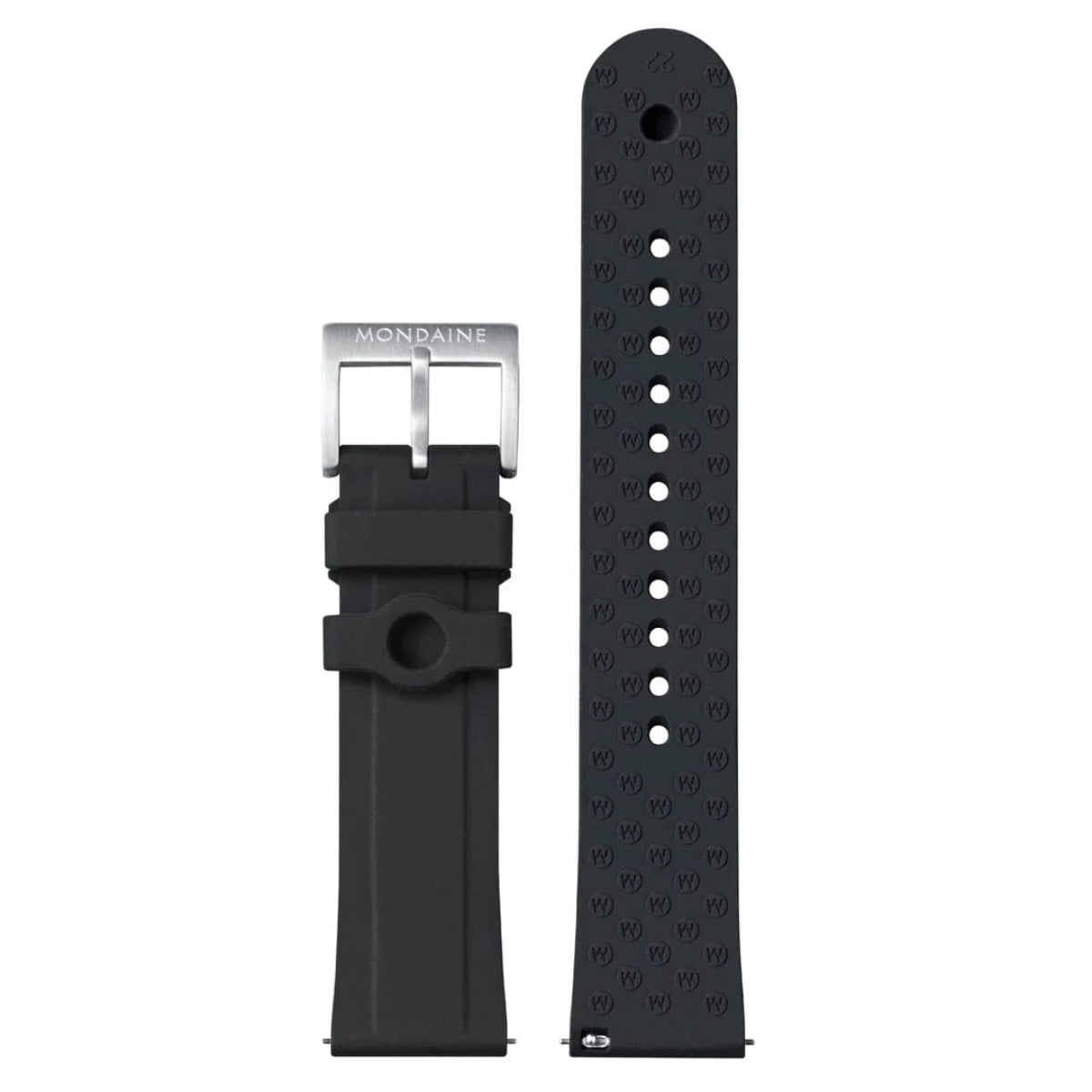 Mondaine Numeri black silicone watch strap with metal buckle and patterned underside