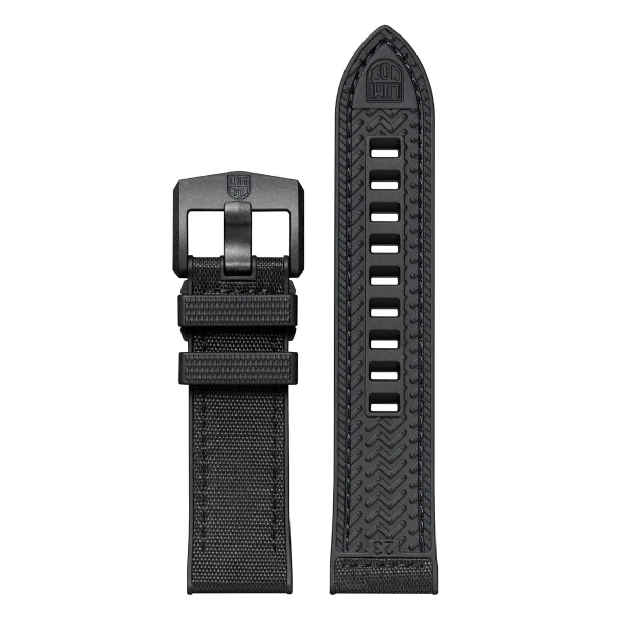 Black textured rubber replacement band and matte buckle for the Luminox Atacama Field XL.1977 watch