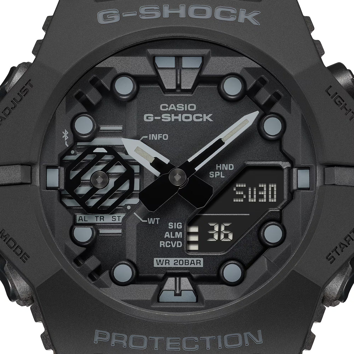 Casio G-Shock GA-B001-1AER close-up view of black dial face showing analogue hands and digital display