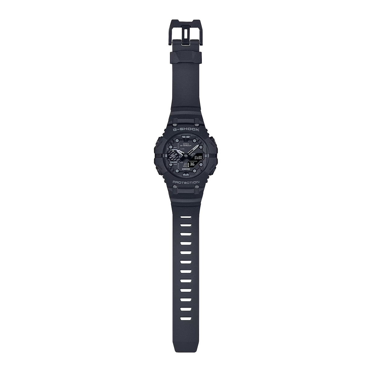 Casio G-Shock GA-B001-1AER full-length perspective displaying black resin strap and case construction