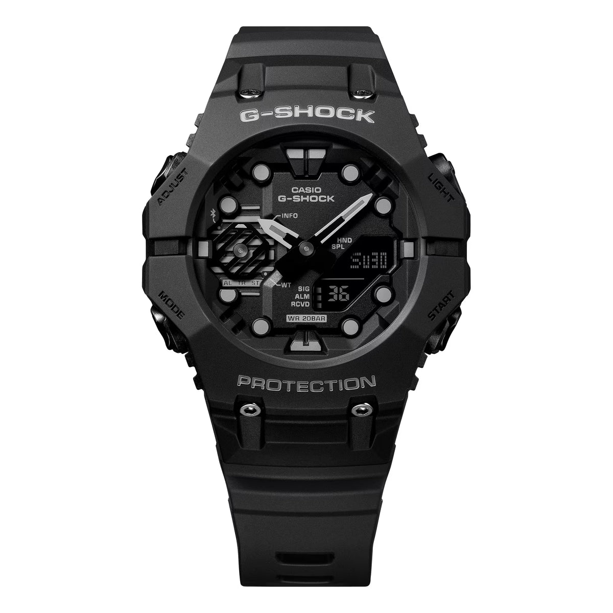 Casio G-Shock GA-B001-1AER direct front view highlighting black resin case and digi-analogue dial layout