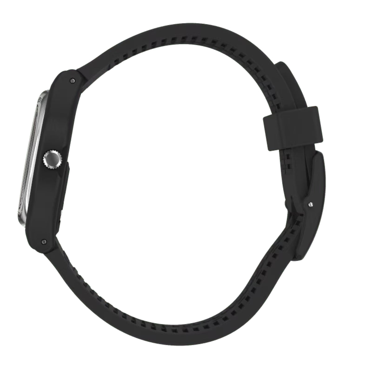 Quartz wristwatch with black silicone strap from the side, showing crown and case