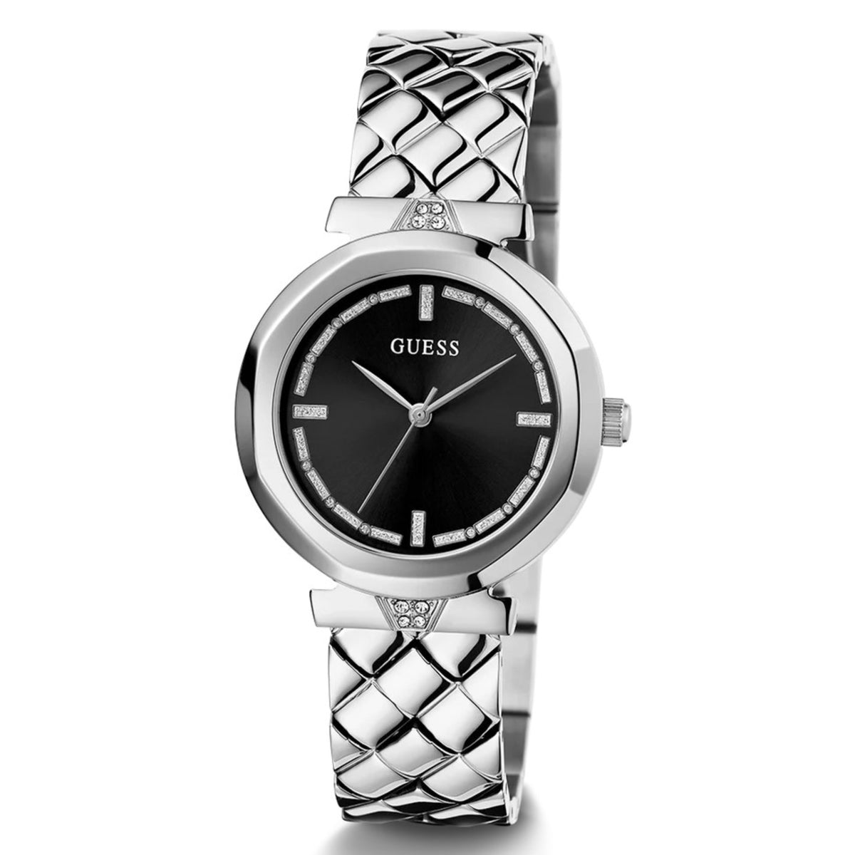 GUESS silver-tone ladies analog watch with black dial, crystal bezel, link bracelet