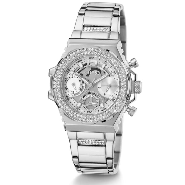 Silver-tone steel chronograph watch with white dial, three subdials, and crystal indices
