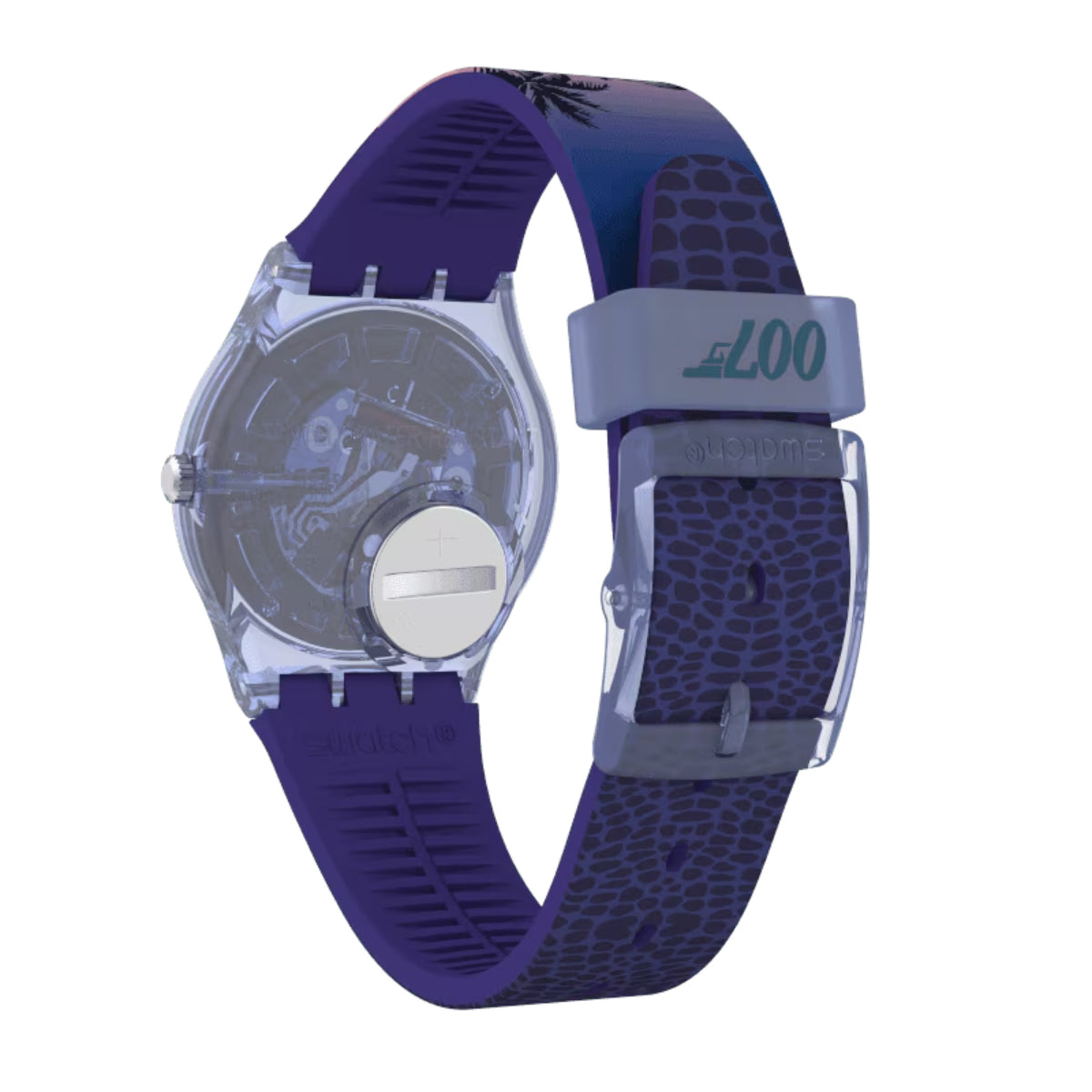 Unisex watch with transparent case and dark blue textured silicone strap, side view.