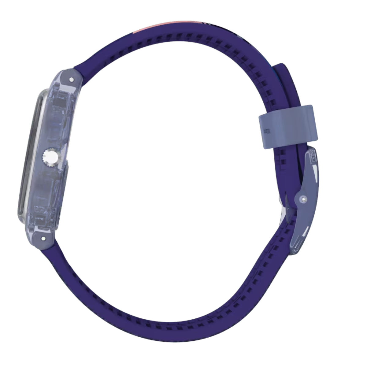 Unisex watch with clear side case and dark blue silicone strap, rear-angle view.