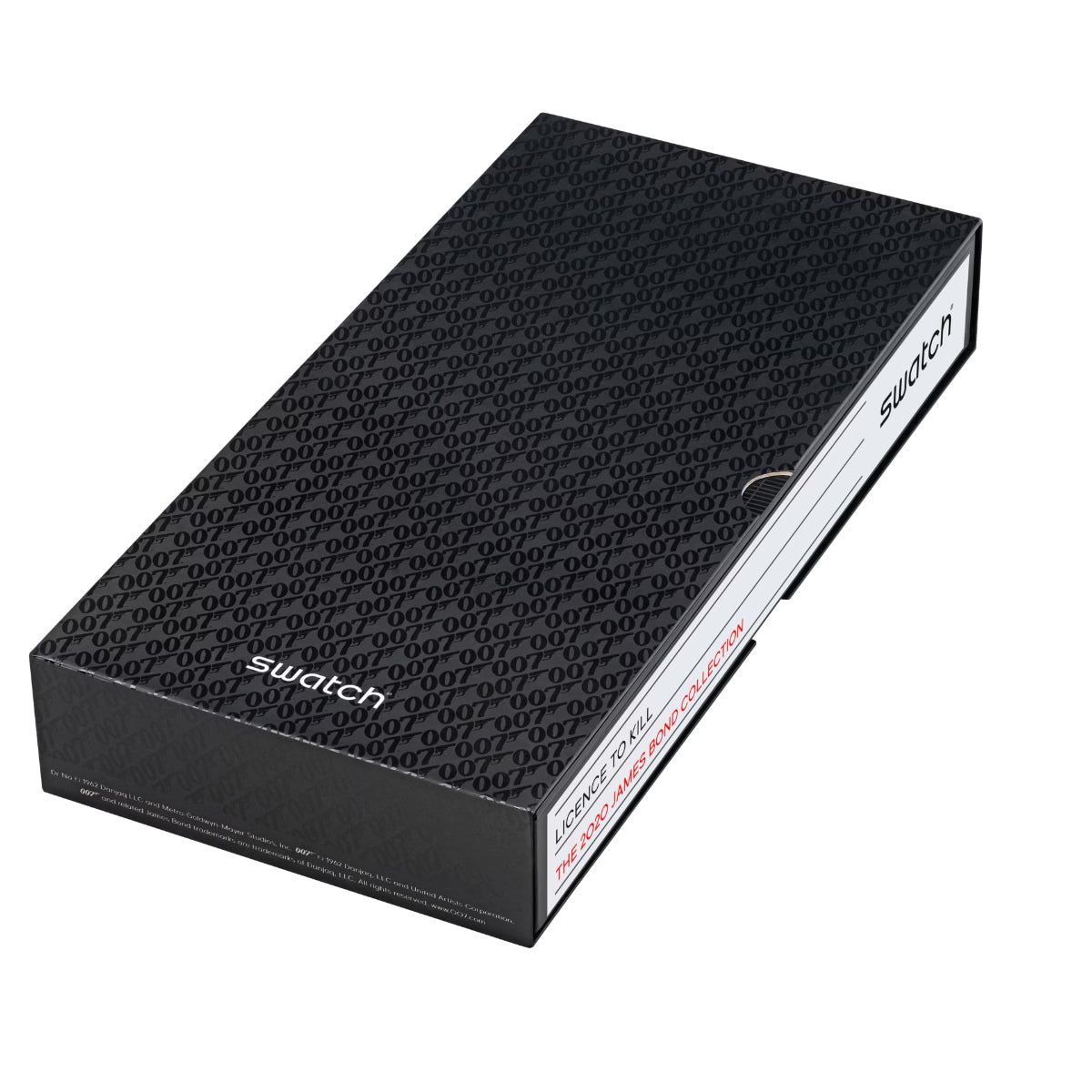 Watch packaging box with dark patterned design and barcode label.