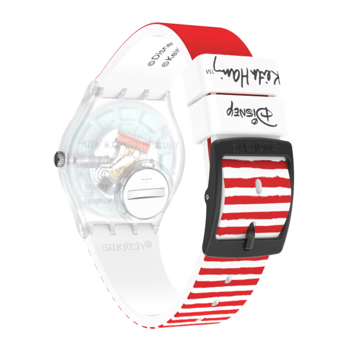 White silicone quartz watch with Mickey-themed red dial and striped strap