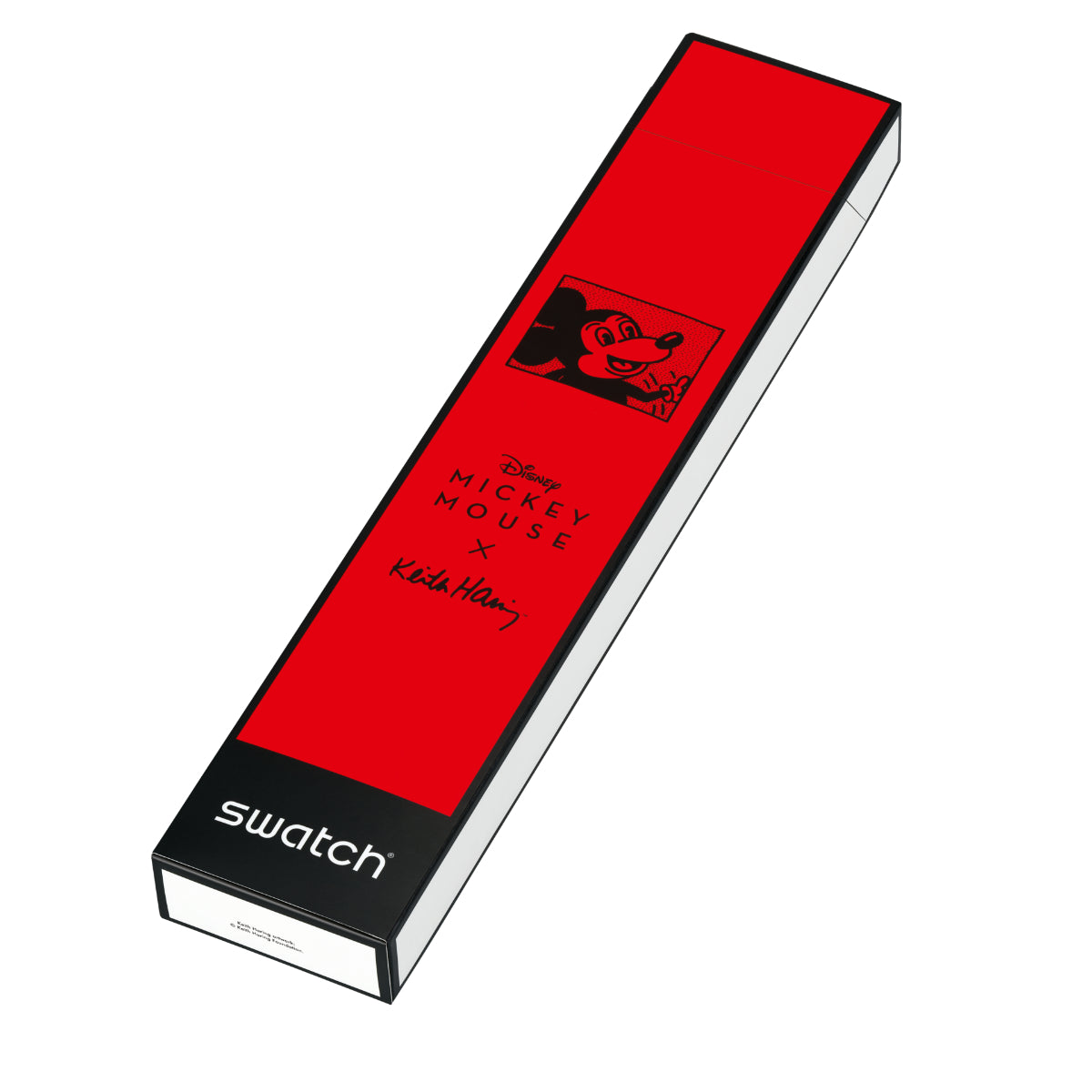 Swatch watch in a red gift box with black Mickey Mouse graphic