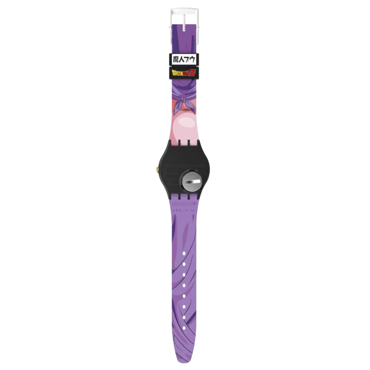 Quartz wristwatch with purple silicone strap and black case with yellow accents