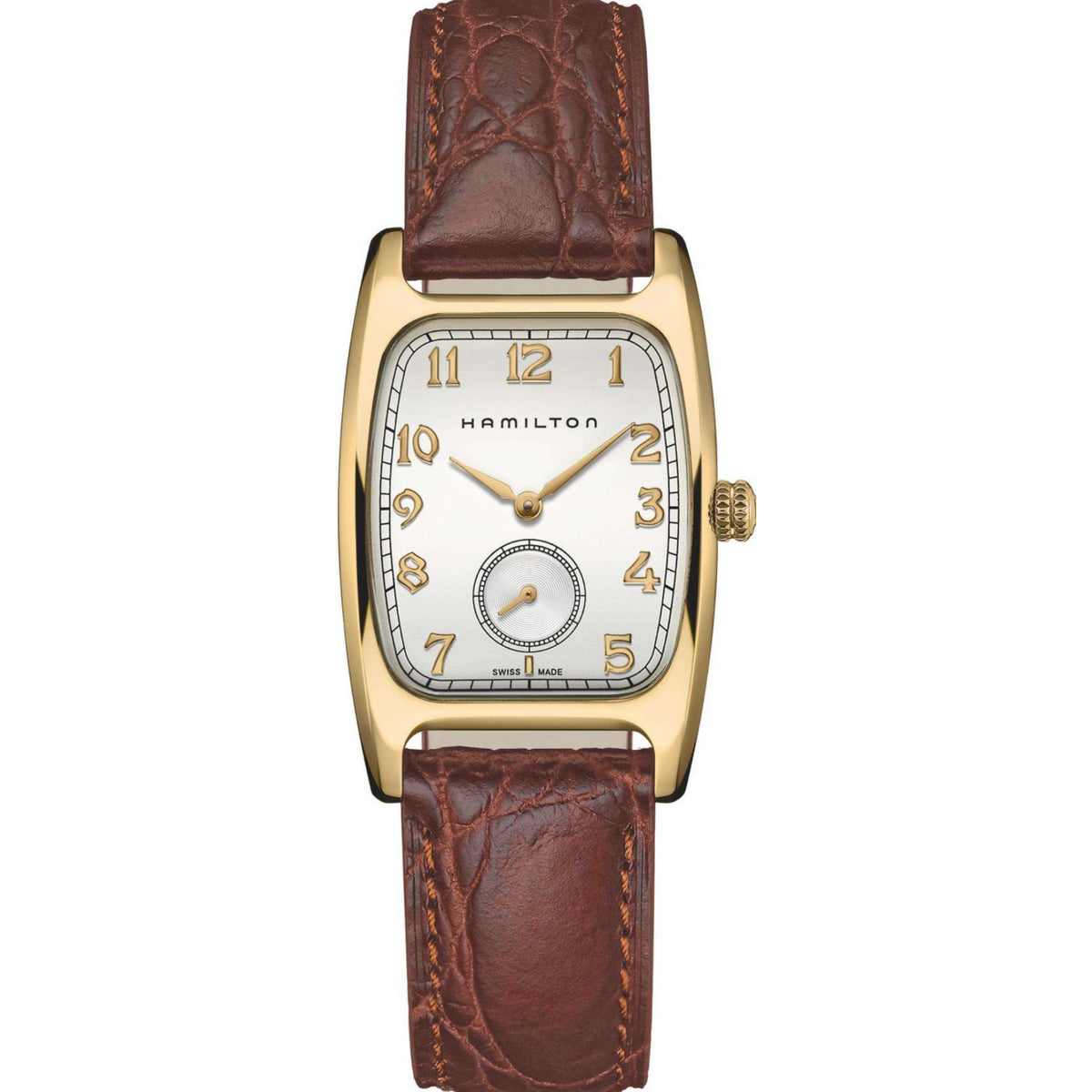 Hamilton American Classic Boulton H13431553 mens 27mm quartz watch front view featuring white dial and brown leather strap