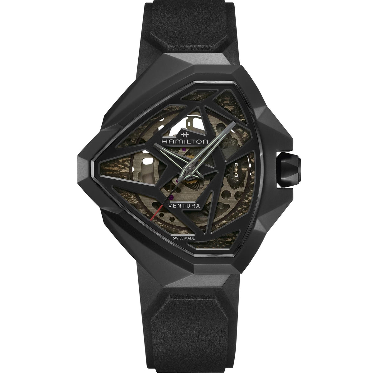 Front view of the Hamilton Ventura 51mm skeleton black dial rubber mens automatic watch H24645330