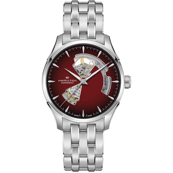 Hamilton Jazzmaster 40mm Open Heart smoky burgundy dial steel bracelet automatic watch H32675170 front view 