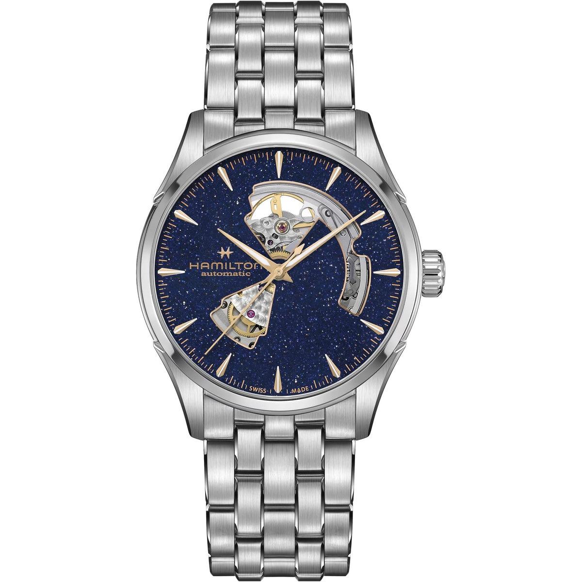 Hamilton Jazzmaster Open Heart H32705140 42mm automatic mens watch front view showing starry blue dial cutouts and steel bracelet
