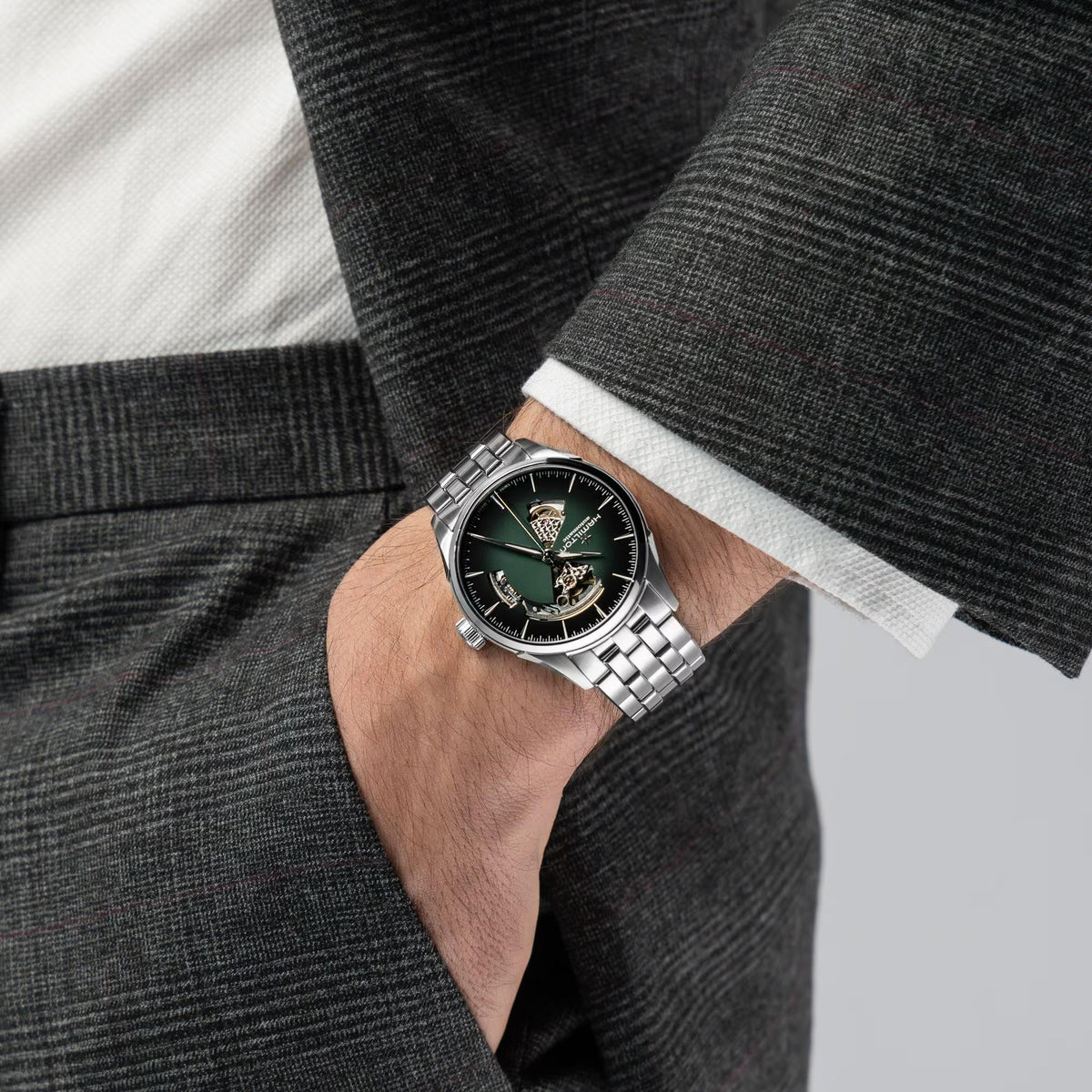 Hamilton Jazzmaster 42mm Open Heart green dial steel bracelet watch on wrist