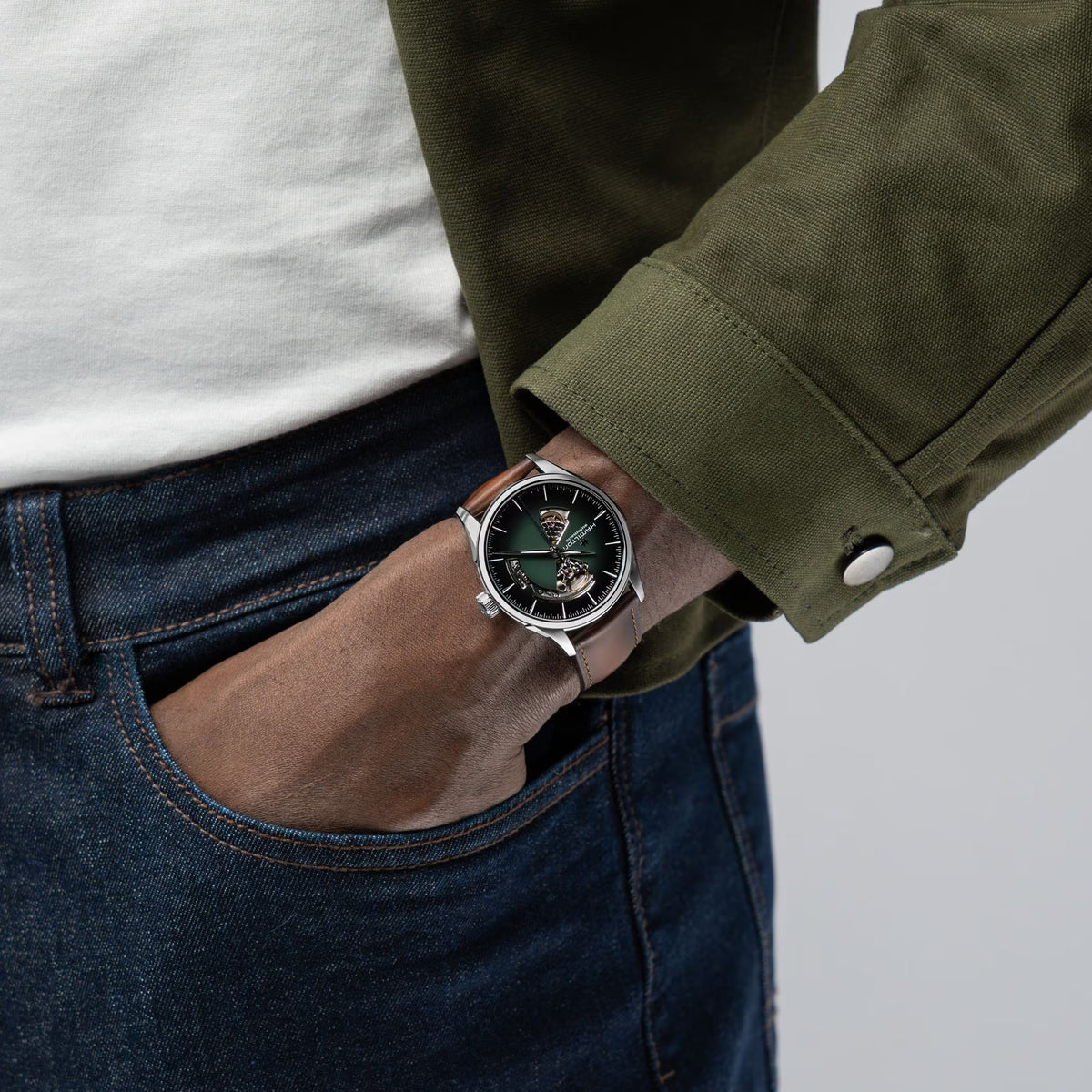  Hamilton Jazzmaster Open Heart green H32705560 42mm automatic watch worn on wrist