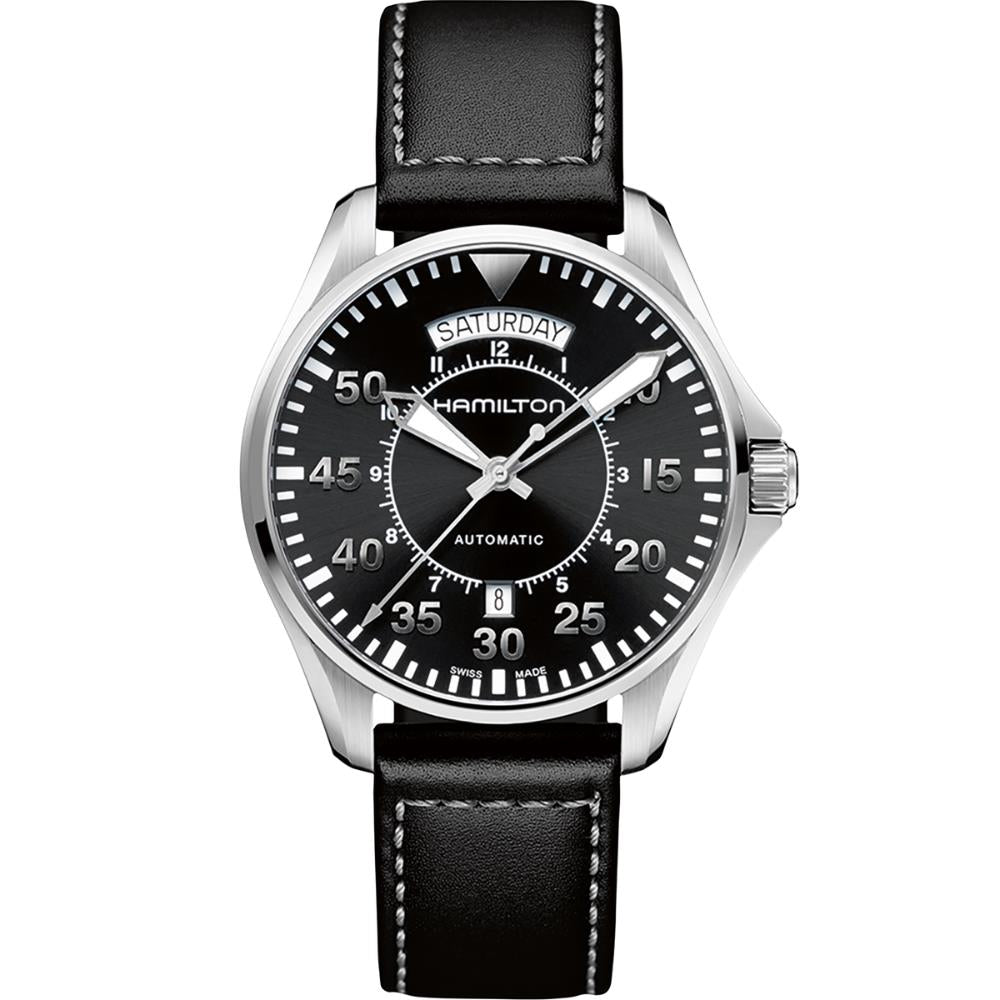 Hamilton Khaki Aviation 42mm Pilot Day Date black dial leather automatic watch H64615735 front view