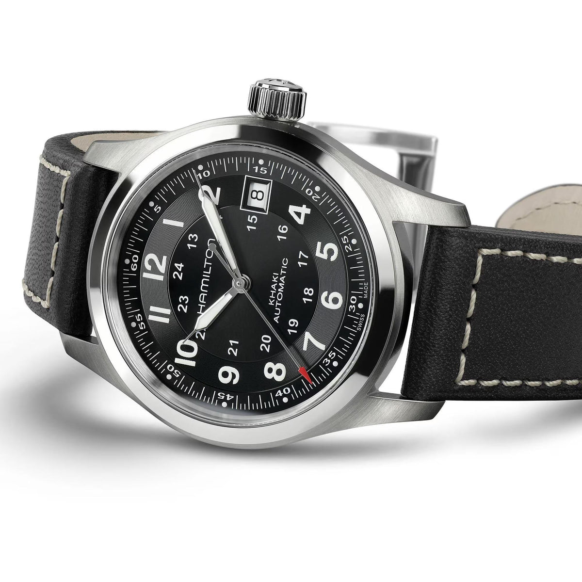 Hamilton Khaki Field H70455733 black dial and black leather strap detail on white background