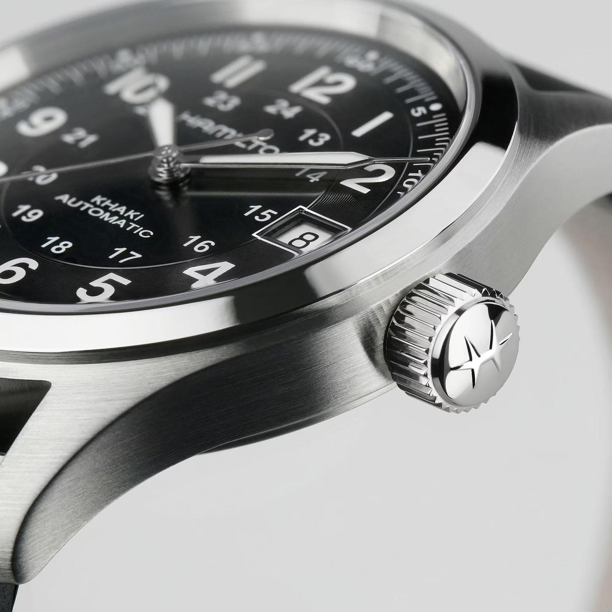 Close-up of Hamilton stainless steel watch crown with star logo
