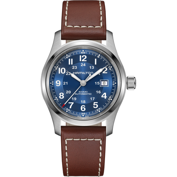 Hamilton Khaki Field 42mm Blue Dial Leather automatic watch H70605540 front view