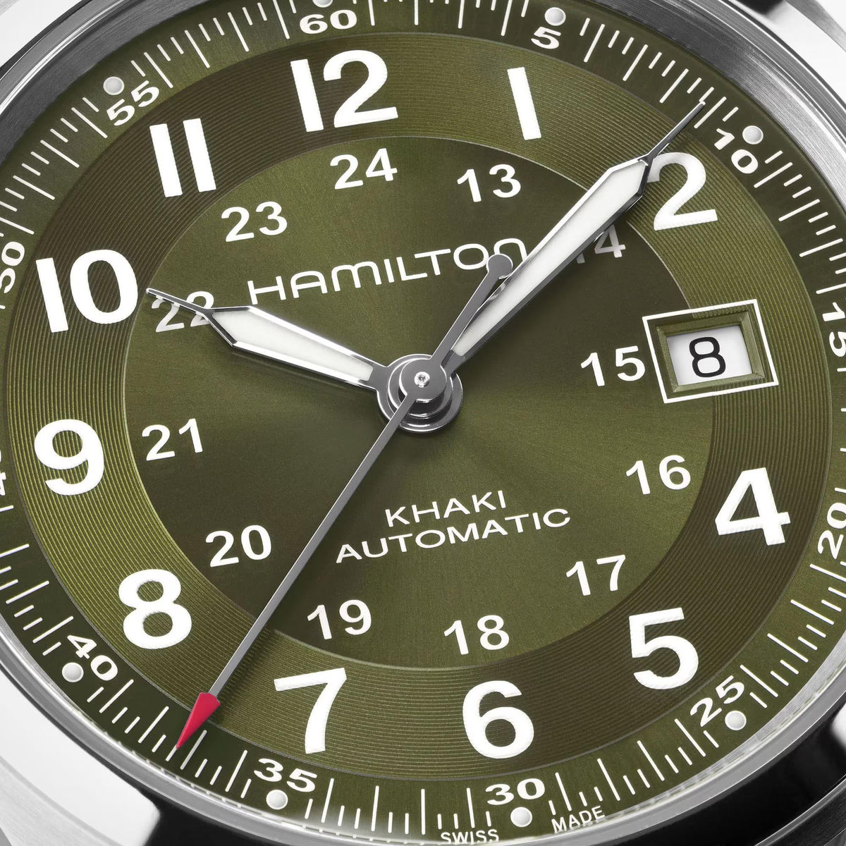 Hamilton Khaki Field H70605560 green sunray dial with 24-hour scale close-up